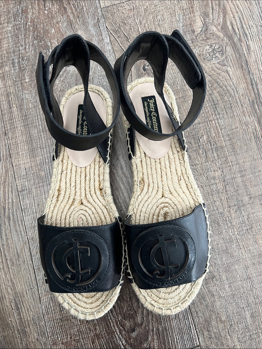 Juicy Couture Black Leather Espadrille Ankle-Strap Sandals